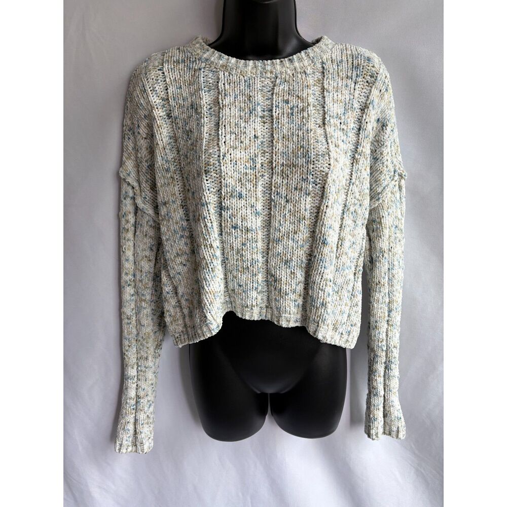 Arizona Jean Co Y2K Chunky Knit White Blue Cropped Sweater Size S Cozy Trendy